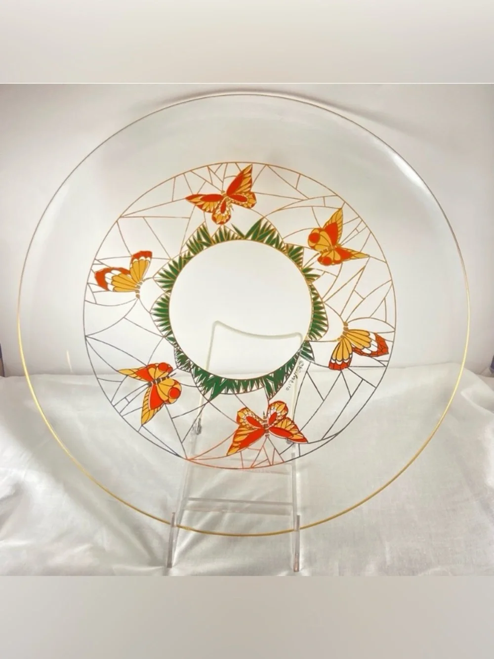 Vintage Culver Glass Orange Butterfly Serving Plate 22K Gold MCM 14.5”